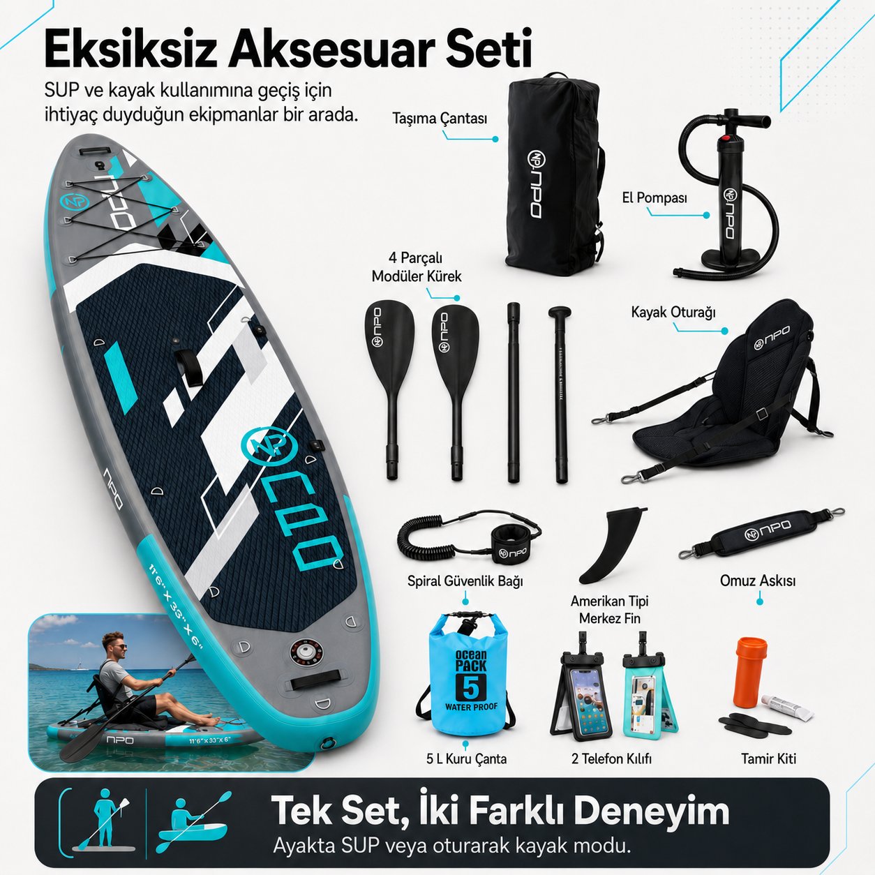 NPO Aqua Gray 350x84x15cm Şişme Military SUP Paddle Board… 4